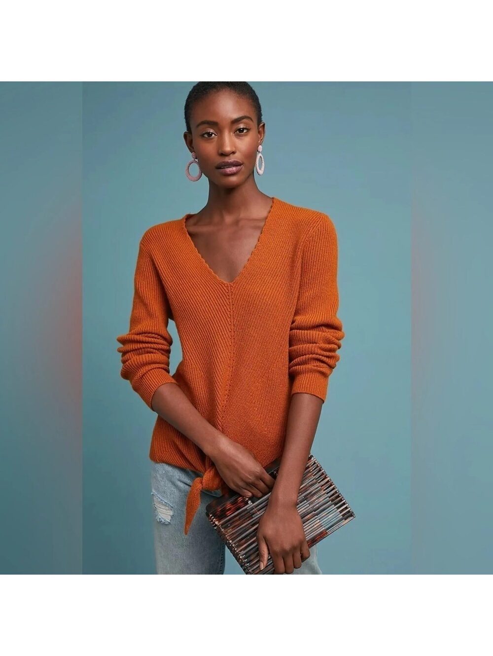 Moth Anthropologie Freeport Burnt Orange Tie Front V-Neck Sweater Size M